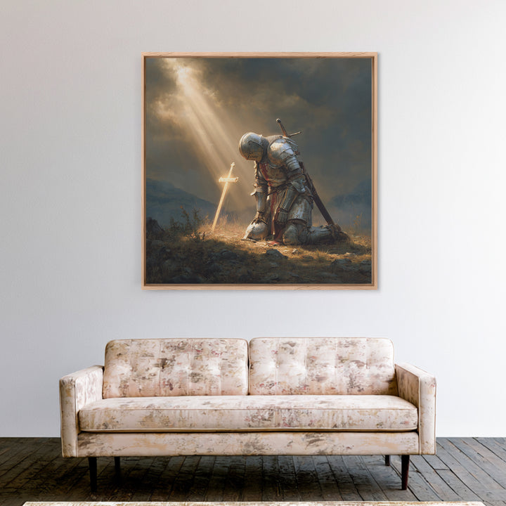Kneeling Knight Before Glowing Cross Wall Art, Medieval Christian Painting, Inspirational Faith Decor, Gift For Men Poster