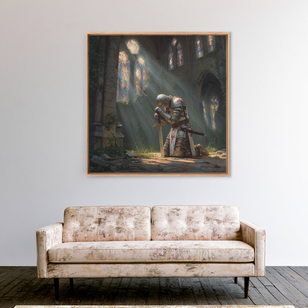 Kneeling Knight In Ruined Cathedral Framed Canvas Print, Medieval Fantasy Wall Art, Christian Decor, Gothic Gift For Him