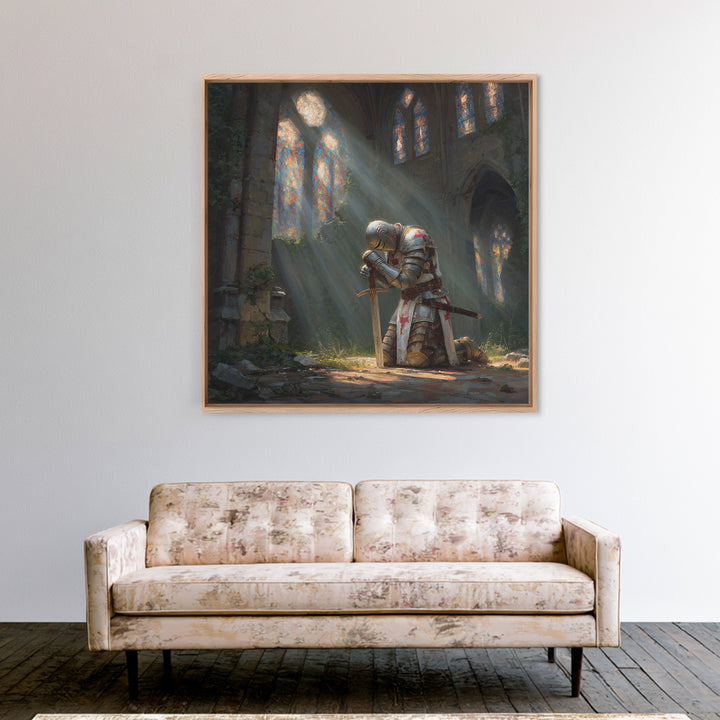 Kneeling Knight In Ruined Cathedral Framed Canvas Print, Medieval Fantasy Wall Art, Christian Decor, Gothic Gift For Him