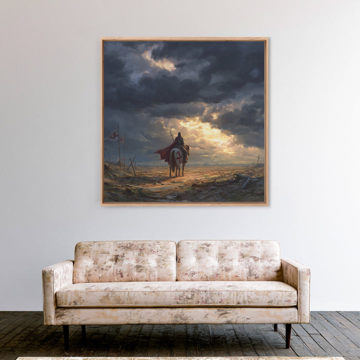 Templar Knight On Horse In Stormy Battlefield Wall Art, Medieval Landscape Art, Gothic Wall Decor, Epic Fantasy Gift For Him