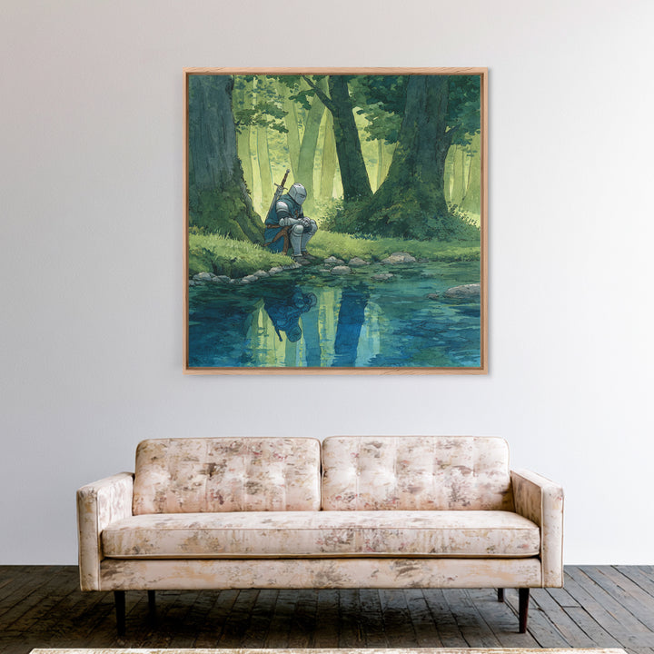 Solitary Knight Resting Beside Forest Stream Wall Art, Fantasy Art Print, Medieval Decor, Woodland Landscape, Gift For Him