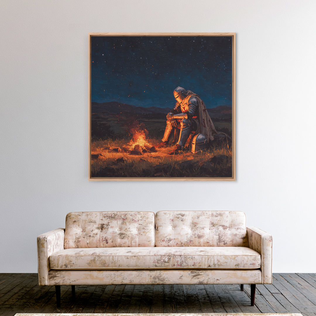 Solitary Knight By Campfire Wall Art, Starry Night Fantasy Canvas Print, Medieval Decor, Dark Academia Gift For Him, Moody Wall Decor