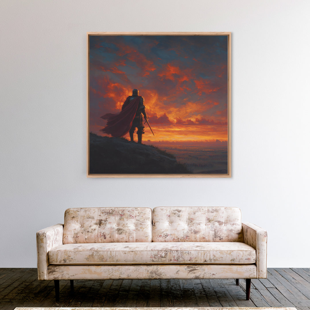 Lone Knight At Fiery Sunset Wall Art, Medieval Fantasy Warrior Canvas Print, Dramatic Landscape For Masculine Home Decor