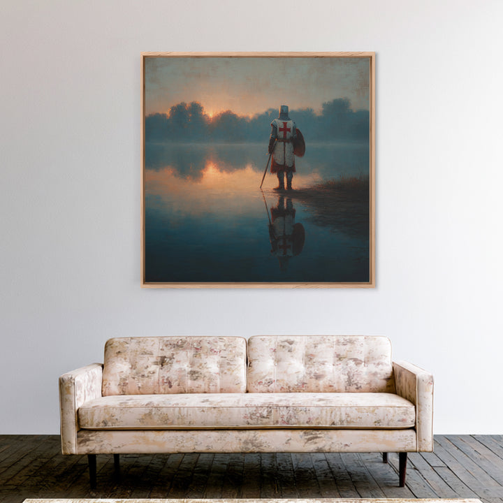 Lone Crusader Knight At Misty Lake Wall Art, Medieval Landscape Painting, Dark Academia Decor, Historical Framed Canvas Print