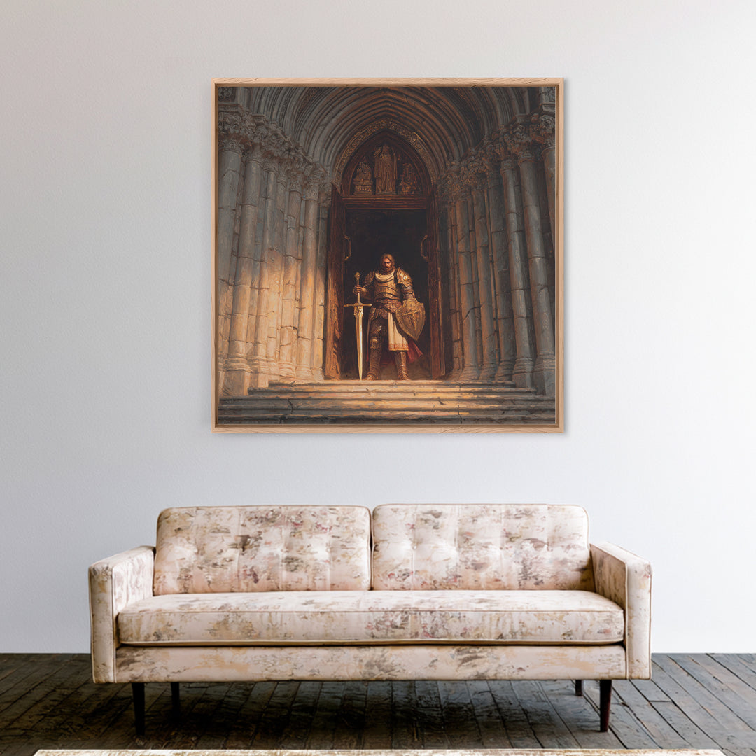 Armored Knight At Gothic Cathedral Canvas Print, Medieval Fantasy Wall Art For Castle Decor And Dark Academia Office Decor