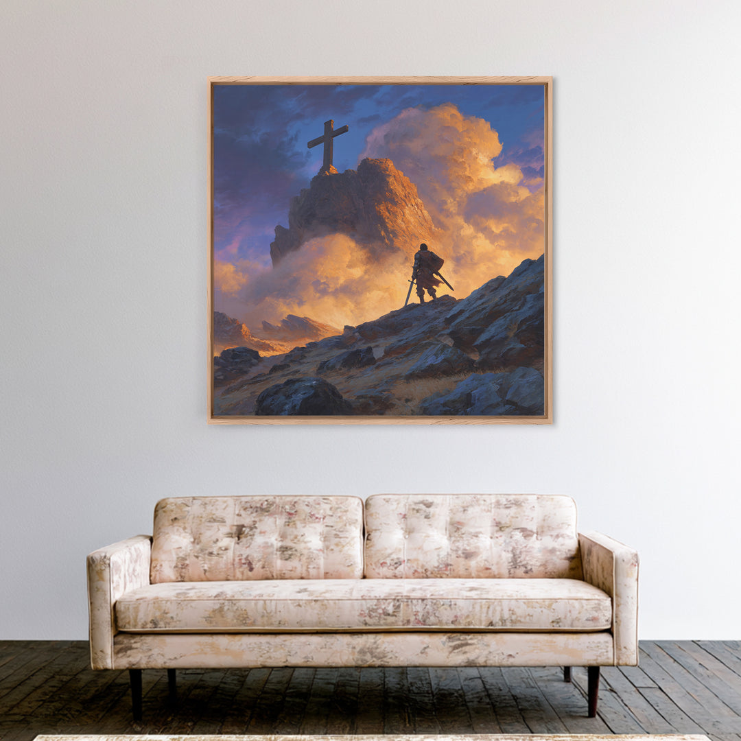 Epic Warrior Climbing Mountain To Cross Wall Art, Christian Fantasy Canvas Print, Inspirational Decor, Faith Gift For Him