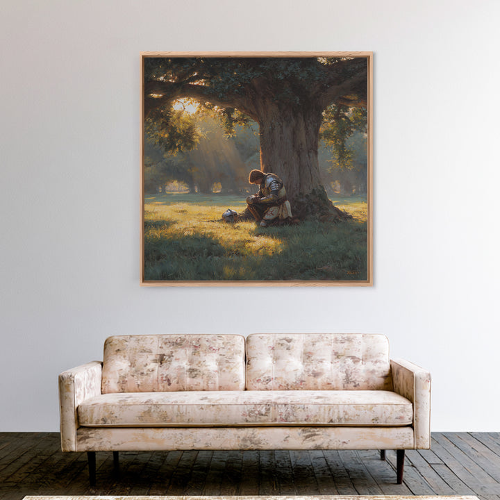 Praying Knight Beneath Ancient Oak Canvas Print, Medieval Fantasy Wall Art, Christian Warrior, Rustic Landscape Home Decor