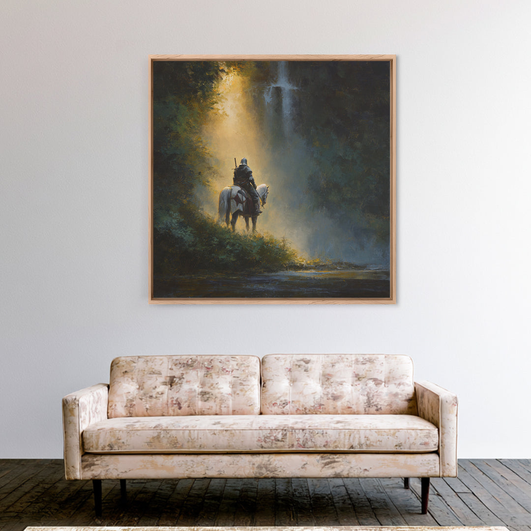 Lone Knight And White Horse By Waterfall Framed Canvas Print, Epic Fantasy Wall Art, Medieval Decor, Adventure Gift For Him