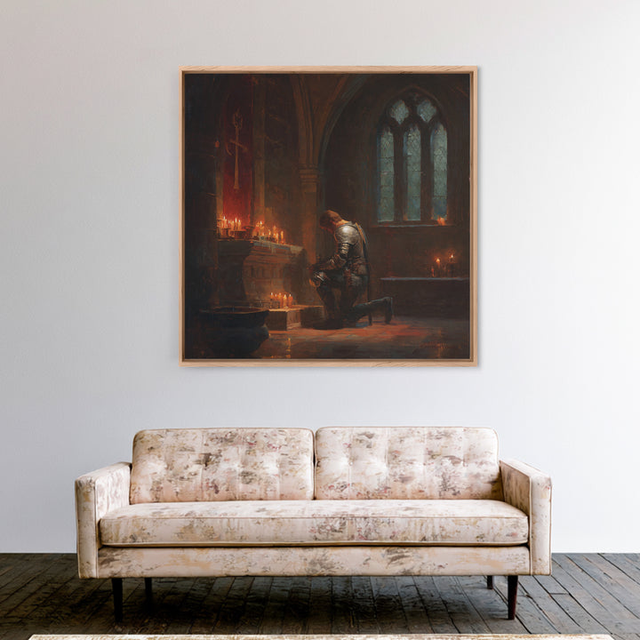 Kneeling Knight In Candlelit Chapel Wall Art, Gothic Medieval Canvas Print, Dark Academia Decor, Fantasy Christian Art Gift