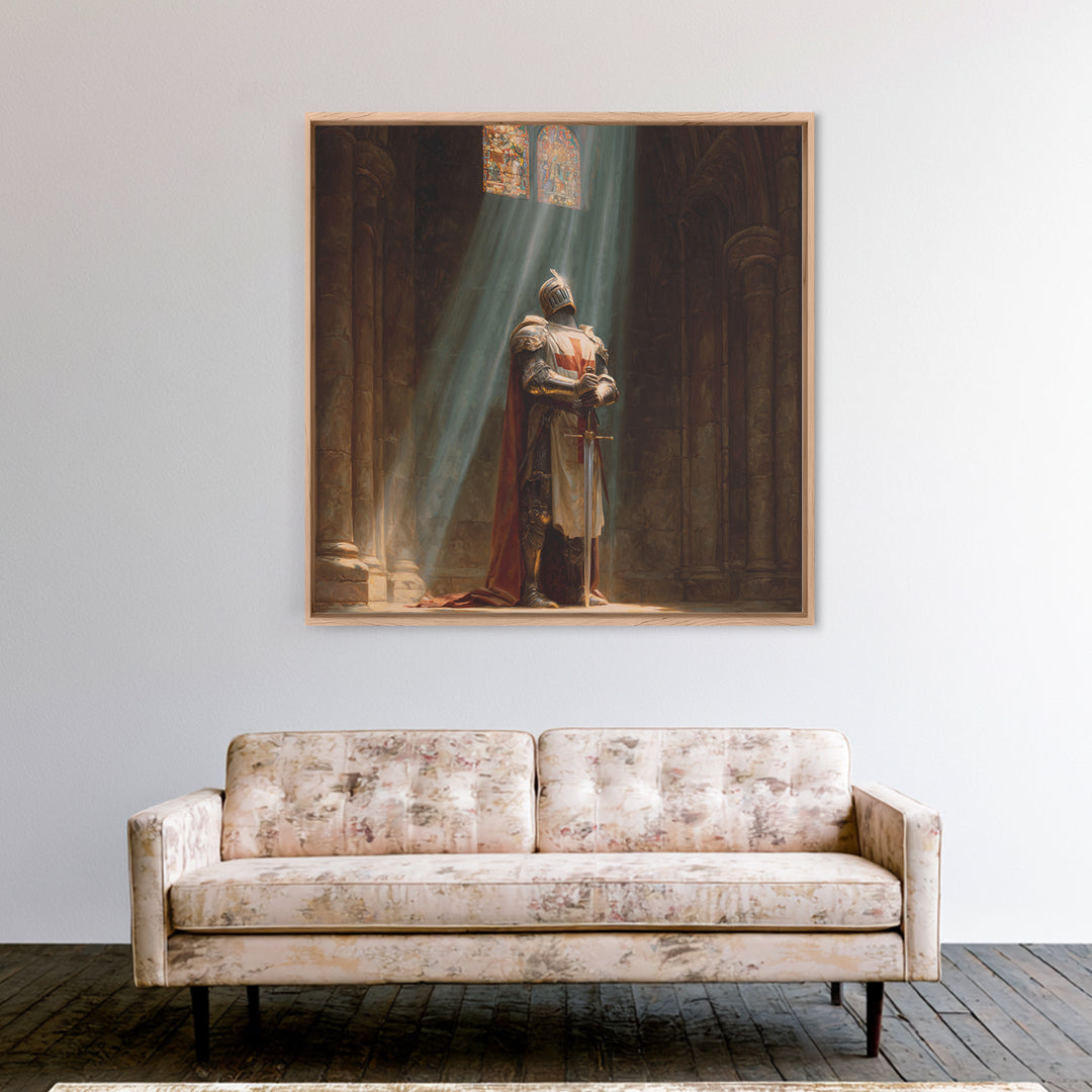 Medieval Knight Praying In Cathedral Light Framed Canvas Print, Gothic Wall Art, Christian Wall Decor, Fantasy Art Gift For Him