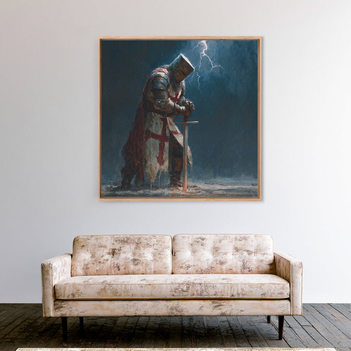 Stormy Praying Knight With Sword Wall Art, Medieval Fantasy Canvas Print, Gothic Christian Dark Academia Home Decor, Gift For Him