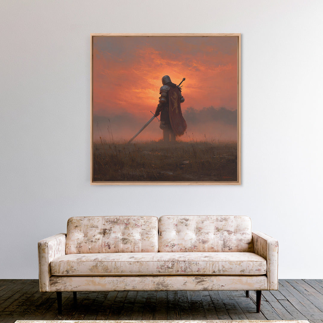 Lone Medieval Knight At Fiery Sunset Wall Art, Fantasy Warrior Canvas Print, Gothic Castle Decor, Dramatic Gift For Him Art