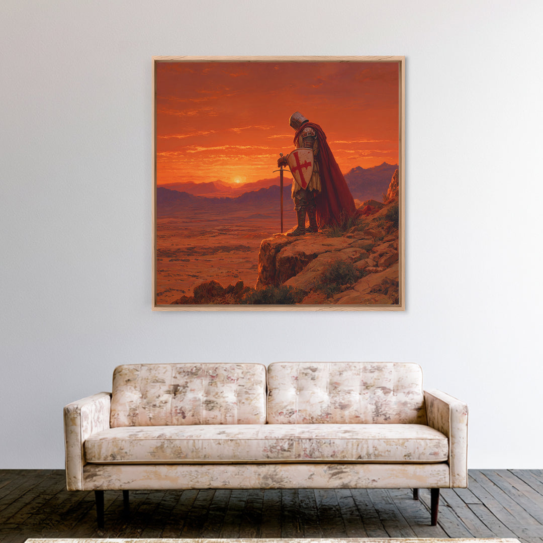 Crusader Knight At Sunset Canvas Print, Medieval Fantasy Art, Red Desert Landscape, Gothic Wall Decor, Gift For Him, Man Cave Decor