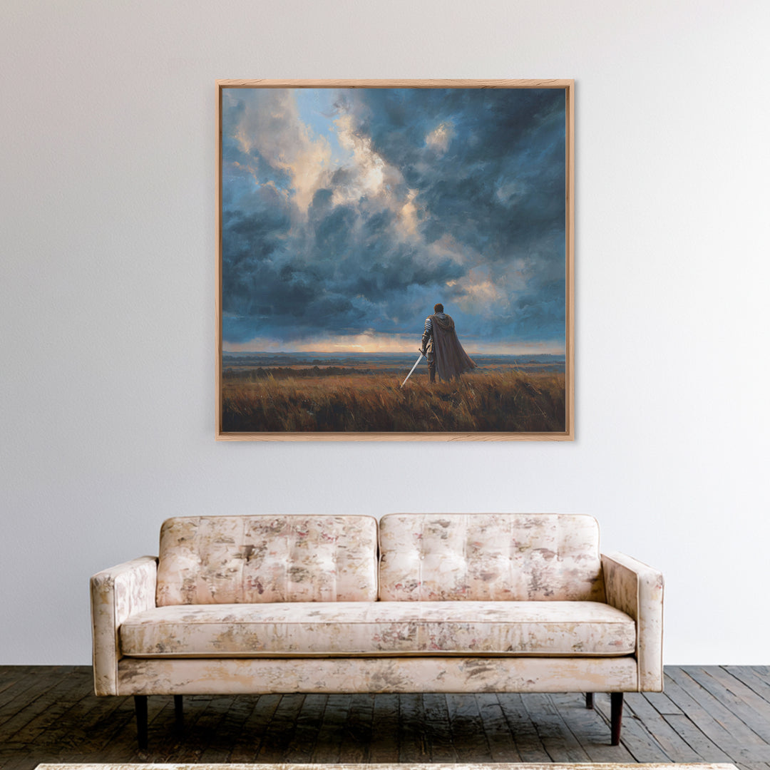 Lone Warrior Beneath Storm Clouds Wall Art, Medieval Fantasy Landscape Painting, Dark Academia Decor, Gift For Him Poster