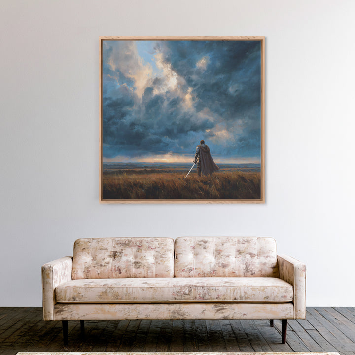 Lone Warrior Beneath Storm Clouds Wall Art, Medieval Fantasy Landscape Painting, Dark Academia Decor, Gift For Him Poster