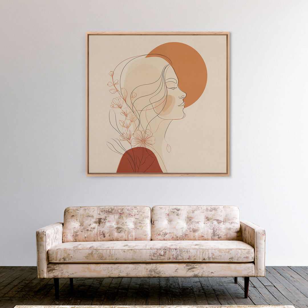 Floral Woman Line Art Canvas Print, Terracotta Sun Portrait Wall Art, Feminine Boho Decor, Minimalist Bedroom Art Print For Her