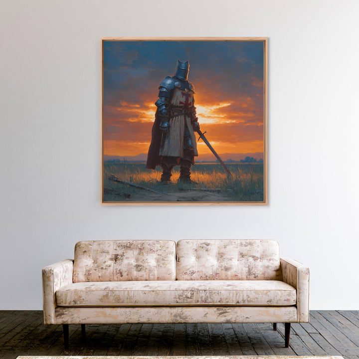 Medieval Knight At Sunset Framed Canvas Print, Crusader Wall Art, Fantasy Warrior Decor, Masculine Office Art, Gift For Him