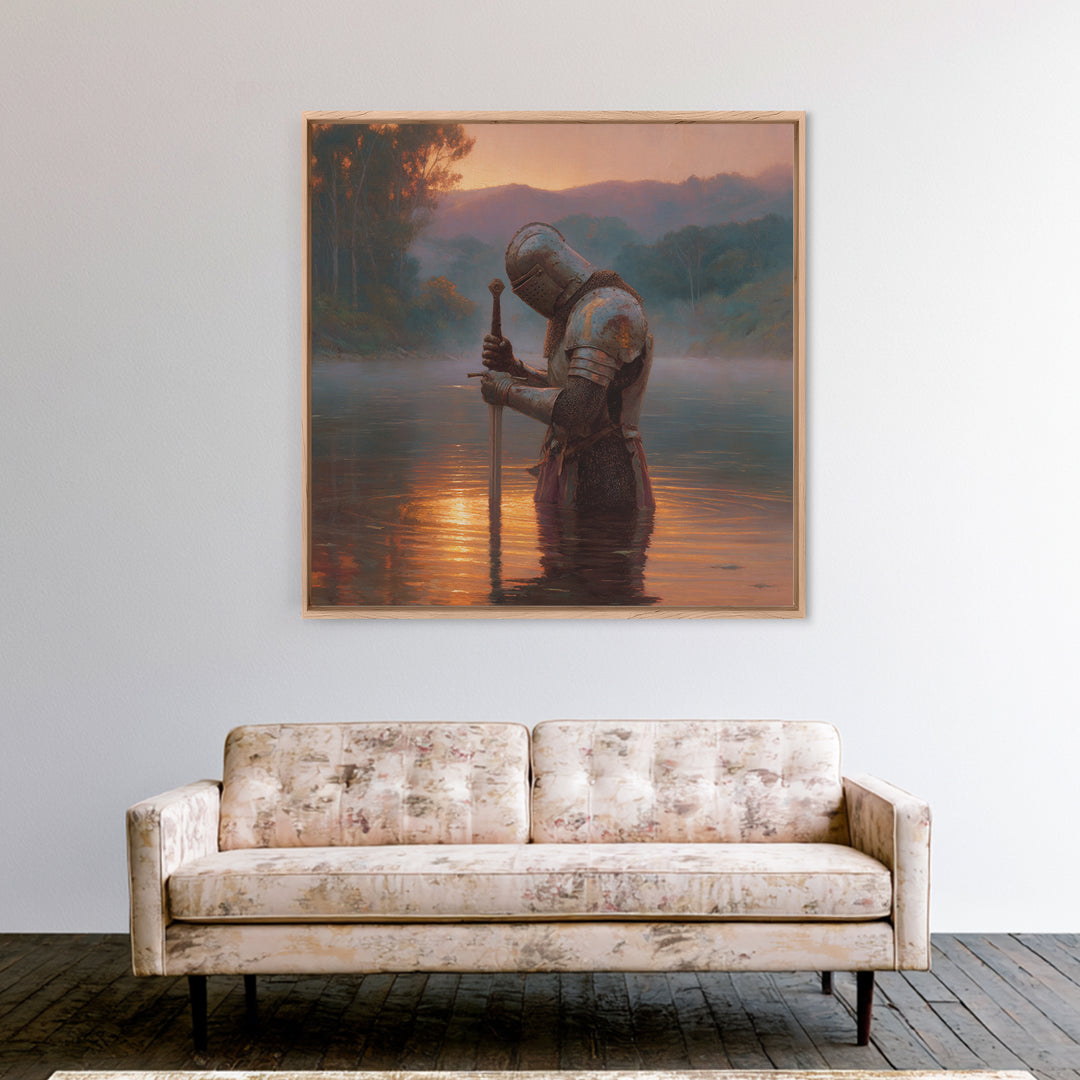 Armored Knight In Sunset River Wall Art, Medieval Fantasy Landscape Painting, Moody Rustic Decor, Historical Canvas Print