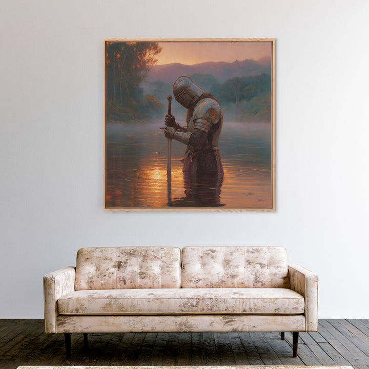 Armored Knight In Sunset River Wall Art, Medieval Fantasy Landscape Painting, Moody Rustic Decor, Historical Canvas Print