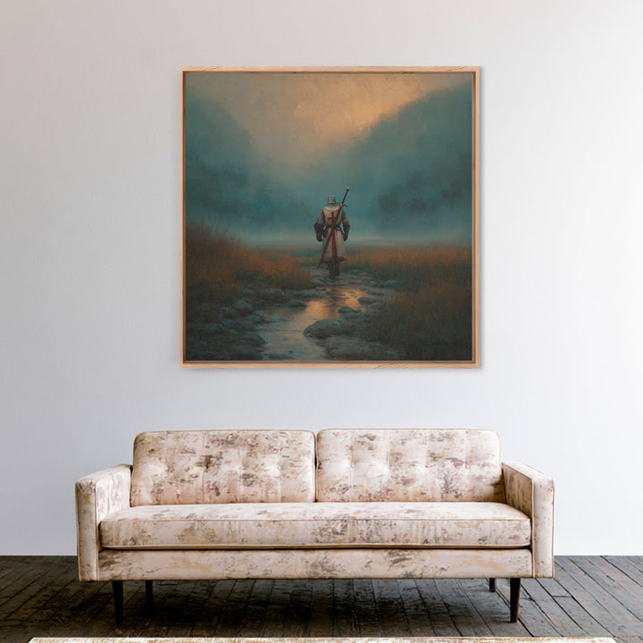 Foggy Knight Mountain Path Wall Art, Moody Fantasy Landscape Print, Medieval Warrior Decor, Rustic Home Decor Gift For Living Room
