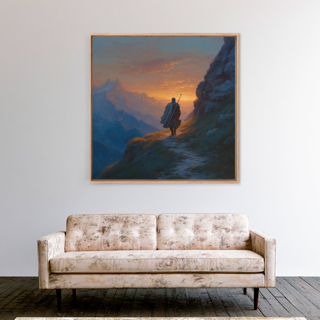 Lone Traveler On Mountain Path Wall Art, Sunset Fantasy Landscape Canvas Print, Epic Adventure Decor For Living Room Home Decor