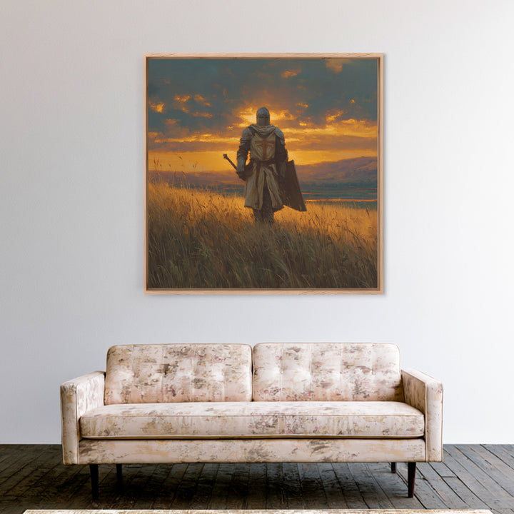 Lone Knight Sunset Field Canvas Print, Medieval Landscape Wall Art, Fantasy Warrior Decor, Rustic Home Decor, Gift For Him