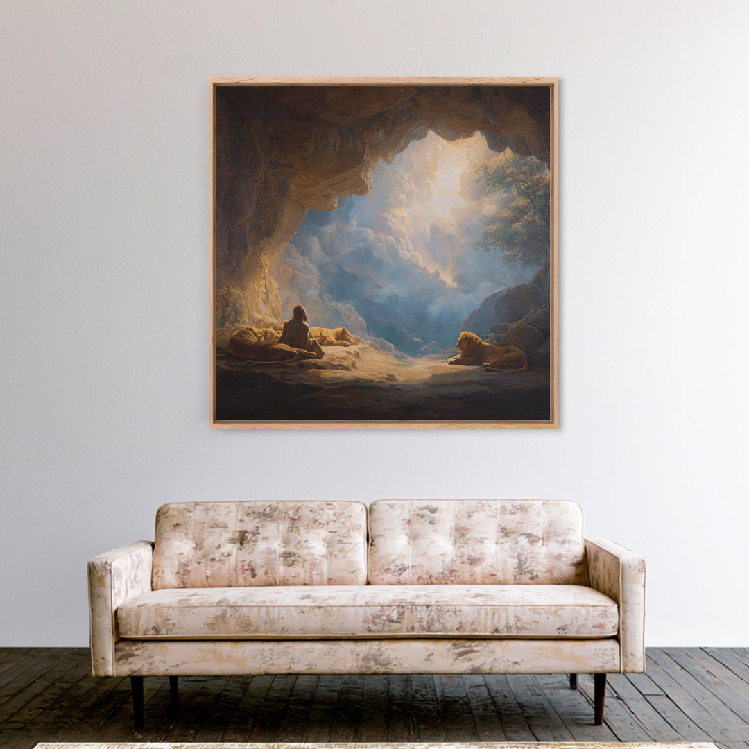 Cave Sanctuary With Lions And Heavenly Clouds Wall Art, Fantasy Landscape Canvas, Spiritual Home Decor, Mystical Gift Print