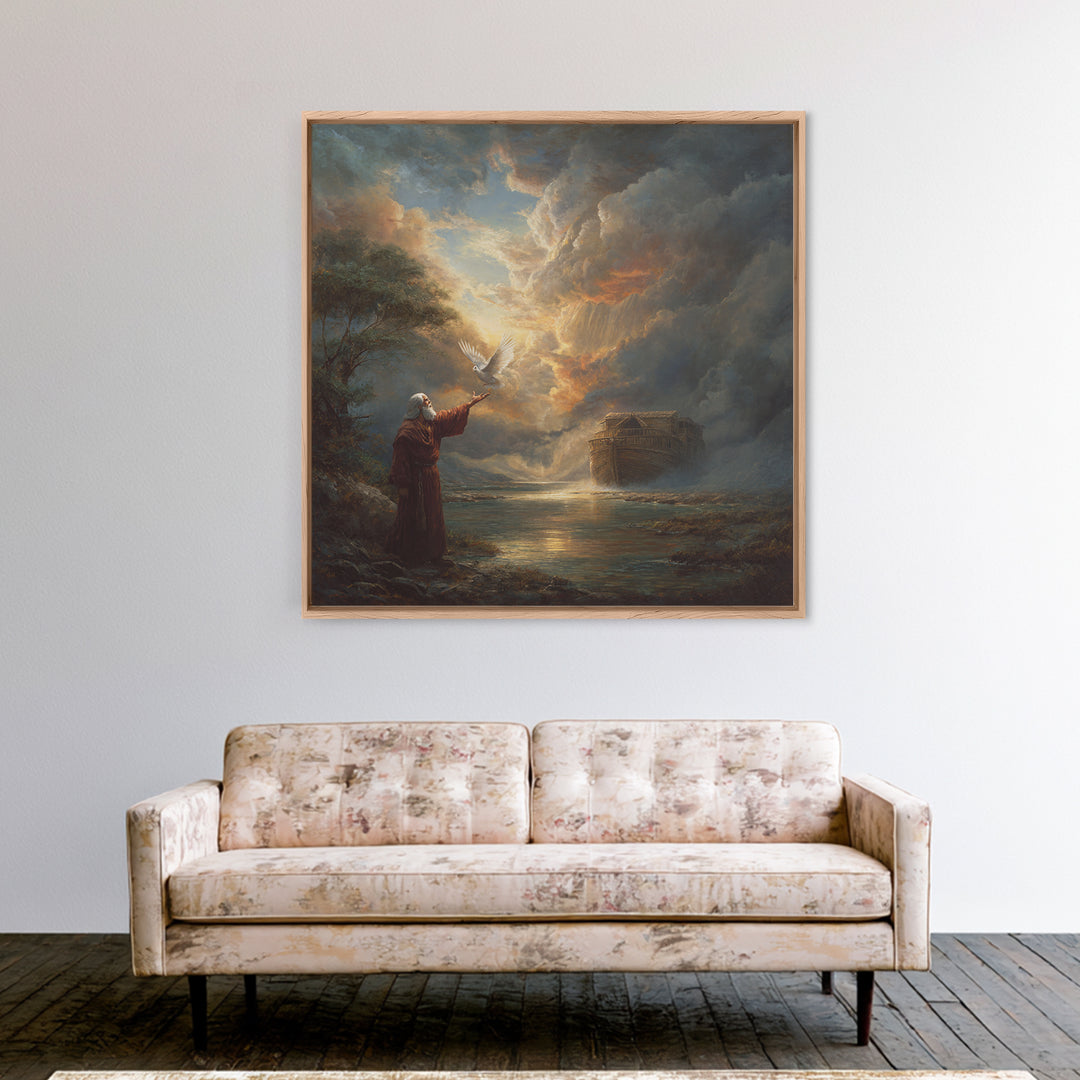 Noah Releasing Dove Before Storm Canvas Print, Biblical Wall Art, Christian Artwork, Dramatic Landscape Decor, Faith Gift