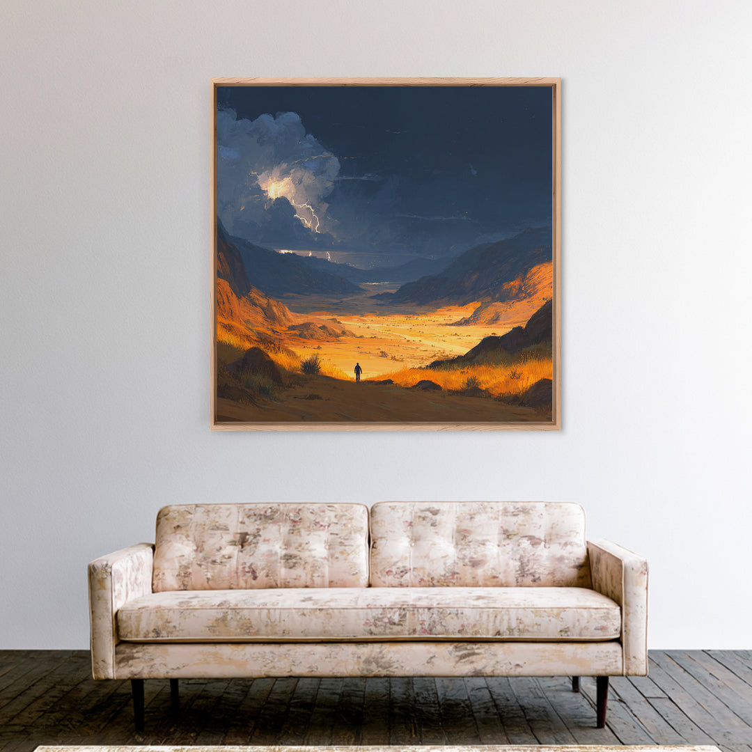 Stormy Desert Valley Wall Art, Lightning Landscape Painting, Moody Mountain Decor, Large Nature Art Print, Gift For Him, Home Decor