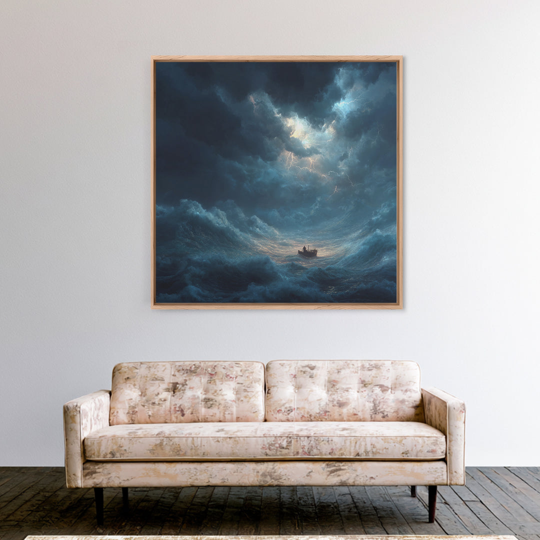 Tiny Boat In Stormy Ocean Wall Art, Dramatic Seascape Canvas Print, Nautical Coastal Decor, Moody Ocean Painting Gift For Him