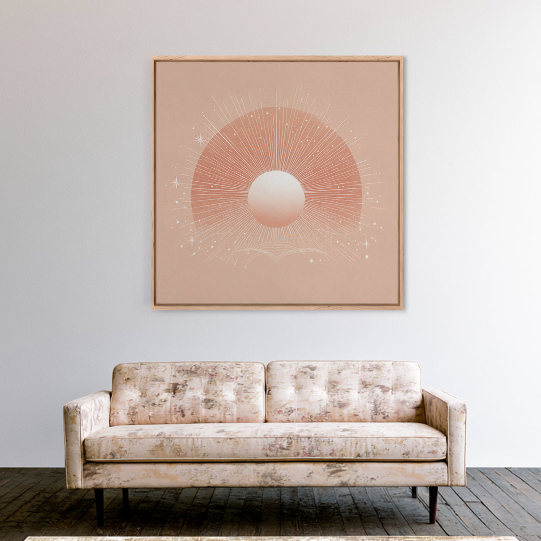 Radiant Peach Sun Wall Art, Celestial Canvas Print, Boho Sun And Moon Decor, Minimalist Nursery Or Bedroom Wall Decor Art Print