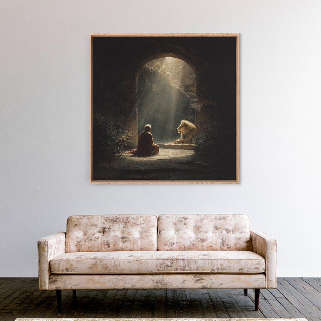 Child And Lion In Sunlit Cave Wall Art, Spiritual Fantasy Painting, Inspirational Decor, Storybook Artwork, Unique Gift For Her