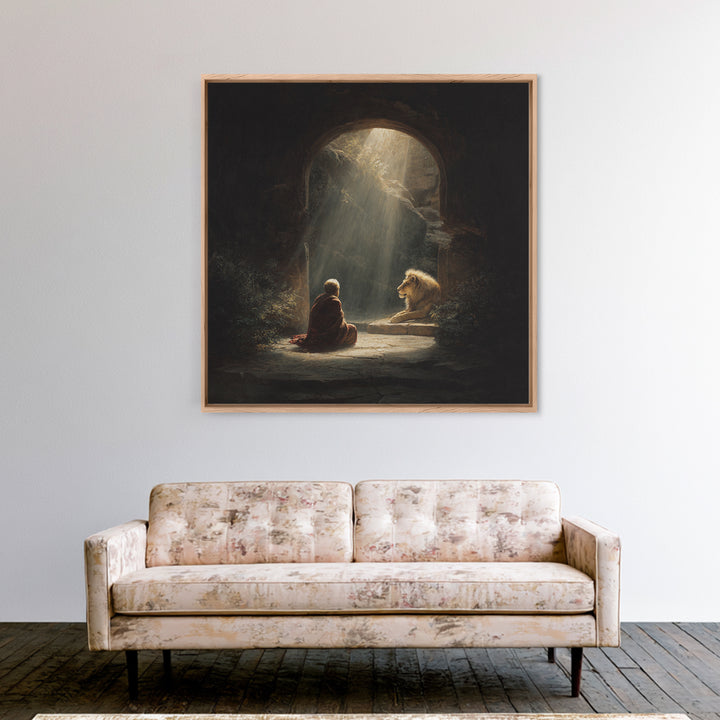 Child And Lion In Sunlit Cave Wall Art, Spiritual Fantasy Painting, Inspirational Decor, Storybook Artwork, Unique Gift For Her