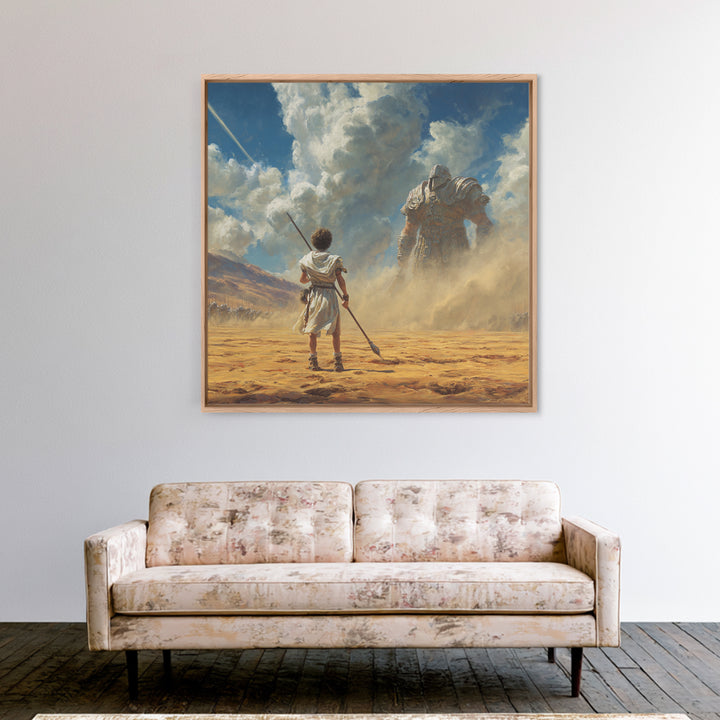 Young Warrior Facing Desert Giant In Dust Canvas Print, Biblical Wall Art, Fantasy Decor, David And Goliath Gift For Him