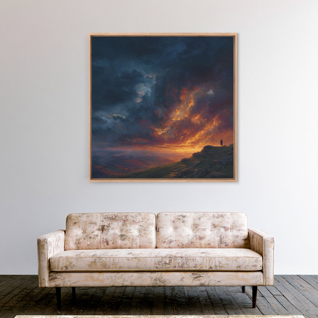 Lone Figure Under Fiery Storm Clouds Wall Art, Dramatic Landscape Canvas Print, Moody Fantasy Decor, Statement Artwork Gift