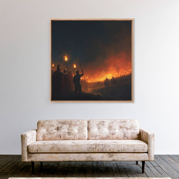 Torchlit Ancient Army At Night Wall Art, Dark Fantasy Canvas Print, Warrior Battle Scene, Moody Medieval Decor, Man Cave Gift