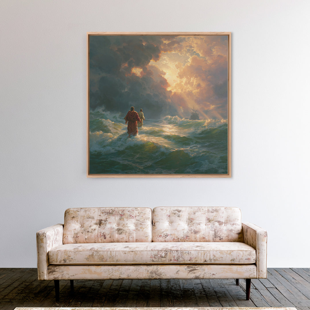 Jesus Walking On Stormy Sea Wall Art, Christian Canvas Print, Biblical Ocean Painting, Faith Gift, Dramatic Home Decor, For Living Room