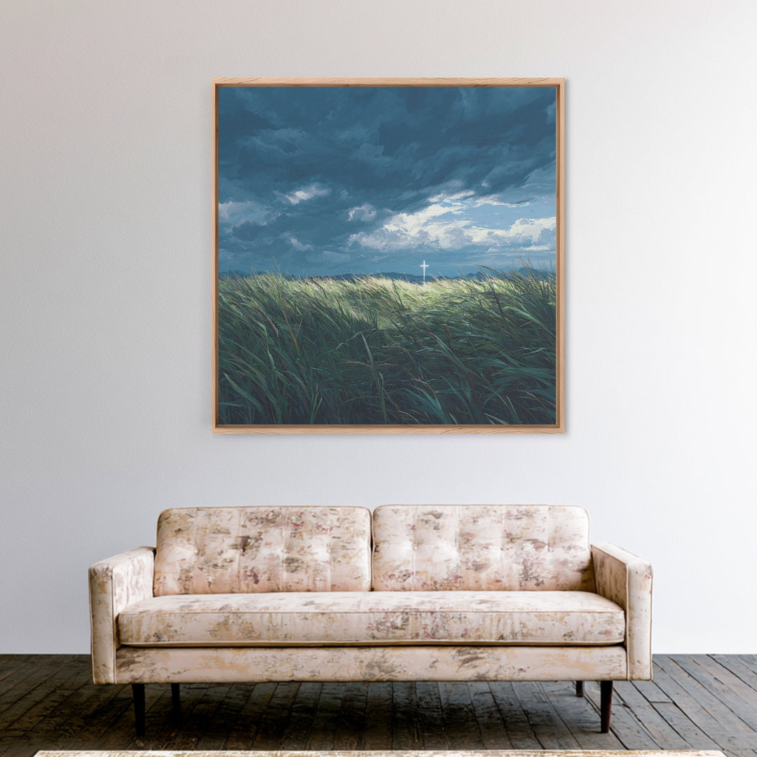 Stormy Field With Glowing Cross Wall Art, Christian Canvas Print, Moody Landscape Decor, Faith Inspired Prayer Room Art, Gift