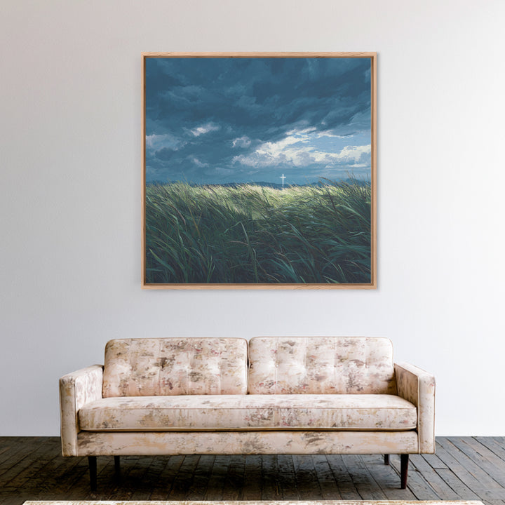 Stormy Field With Glowing Cross Wall Art, Christian Canvas Print, Moody Landscape Decor, Faith Inspired Prayer Room Art, Gift