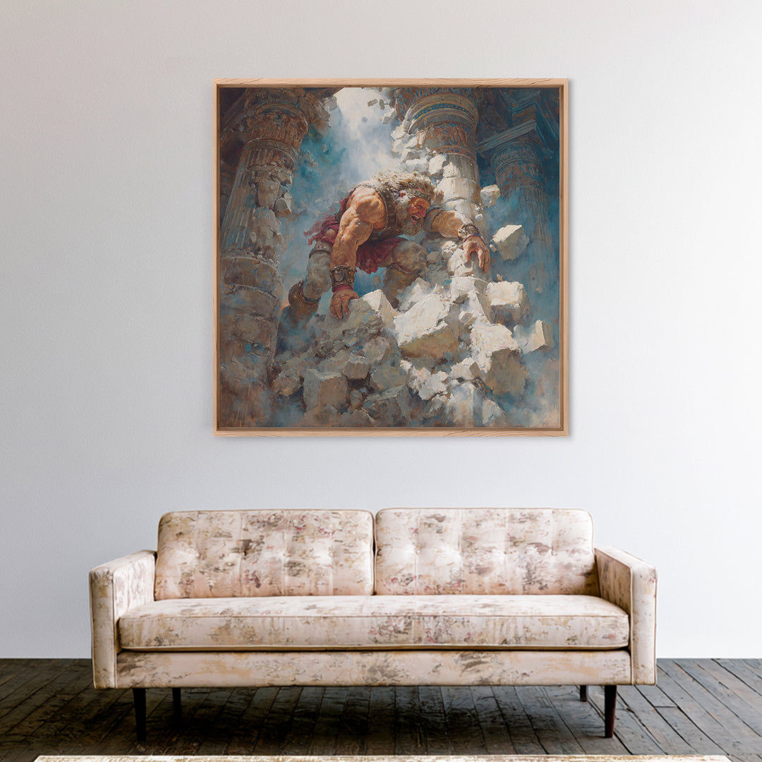 Ancient Titan Warrior In Crumbling Temple Wall Art, Greek Mythology Canvas Print, Dramatic Fantasy Ruins Home Decor Gift For Him