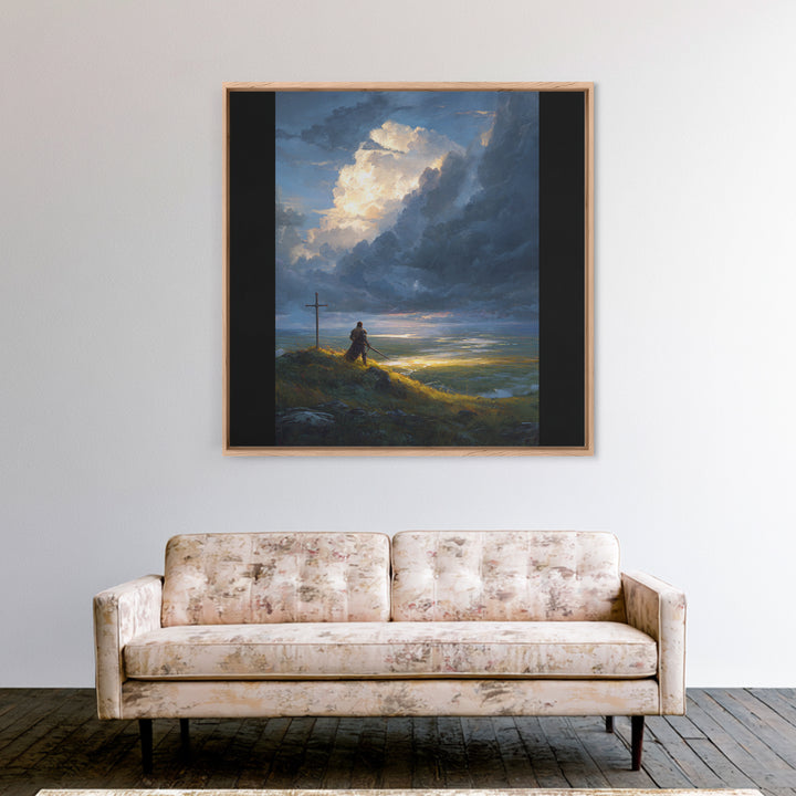 Lone Knight At Cross Under Storm Clouds Framed Canvas Print, Christian Wall Art, Dramatic Landscape, Faith Home Decor Gift