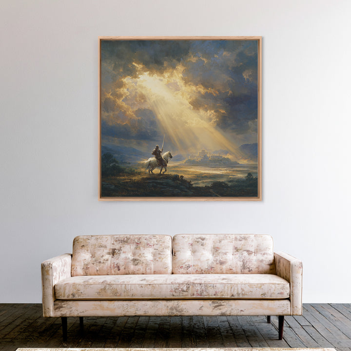 Mounted Knight Beneath Sunbeams Framed Canvas Print, Medieval Landscape Wall Art, Christian Artwork, Castle Decor Gift For Him