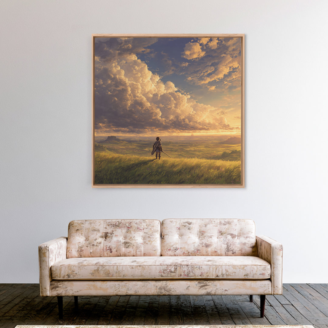 Lone Traveler Under Golden Clouds Wall Art, Fantasy Landscape Painting, Adventure Canvas Print For Bedroom And Living Room Decor
