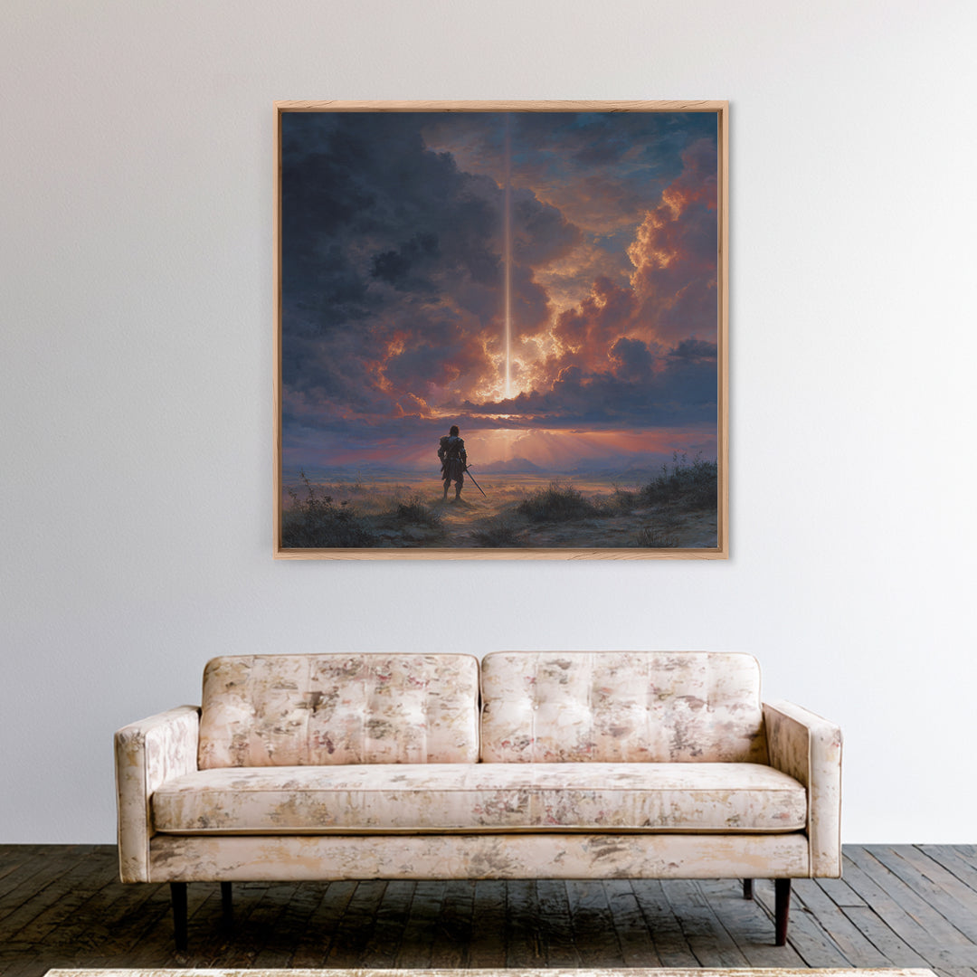 Lone Warrior Under Divine Sky Canvas Print, Fantasy Landscape Art, Dramatic Cloudscape Wall Decor, Medieval Adventure Gift For Him