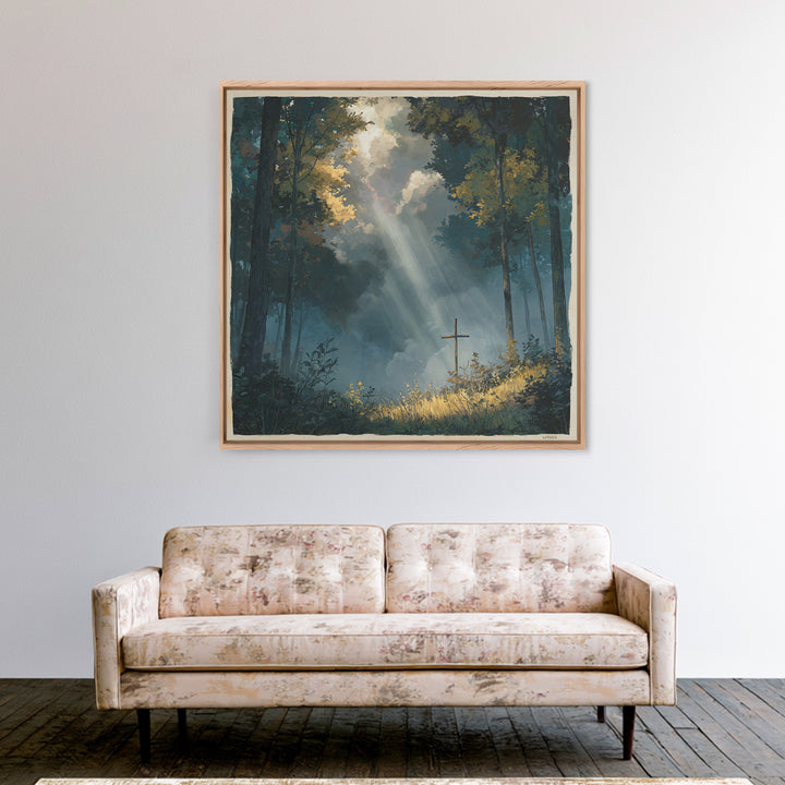 Sunbeams Over Forest Cross Wall Art, Peaceful Christian Canvas Print, Spiritual Nature Decor, Prayer Room Artwork, Faith Gift