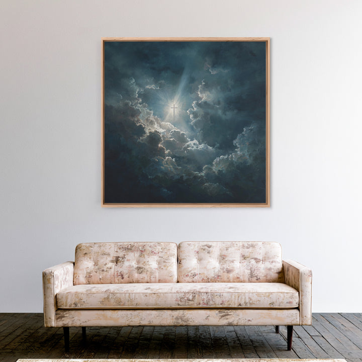 Radiant Cross In Storm Clouds Wall Art, Christian Inspirational Canvas Print, Spiritual Home Decor, Prayer Room Gift For Her