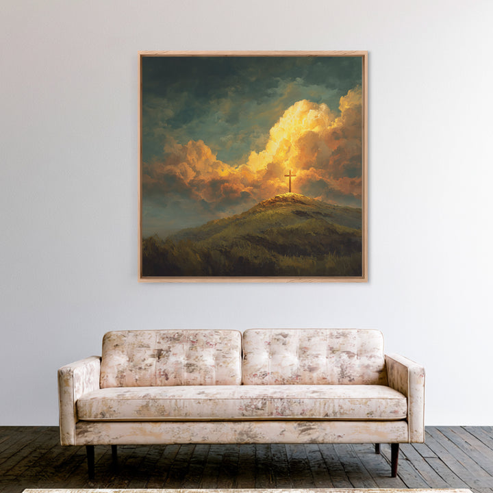 Glowing Cross On Hilltop Wall Art, Christian Landscape Canvas Print, Inspirational Clouds, Religious Home Decor Gift For Her
