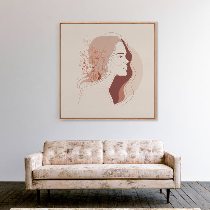 Terracotta Floral Woman Wall Art, Minimalist Line Portrait Canvas Print, Feminine Boho Decor, Neutral Bedroom Art Print For Her