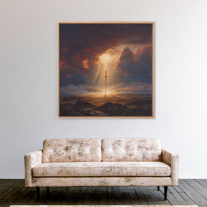 Sword Of Light In Stormy Field Framed Canvas Print, Christian Symbol Painting, Dramatic Landscape Wall Decor, Faith Gift