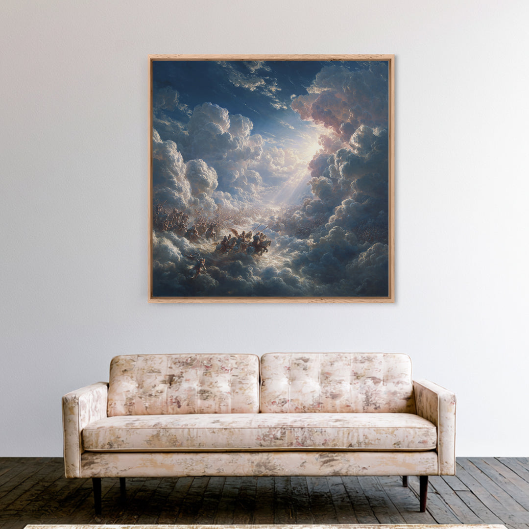 Angelic Battle In Storm Clouds Framed Canvas Print, Baroque Wall Art, Celestial Fantasy Art, Dramatic Spiritual Decor Print